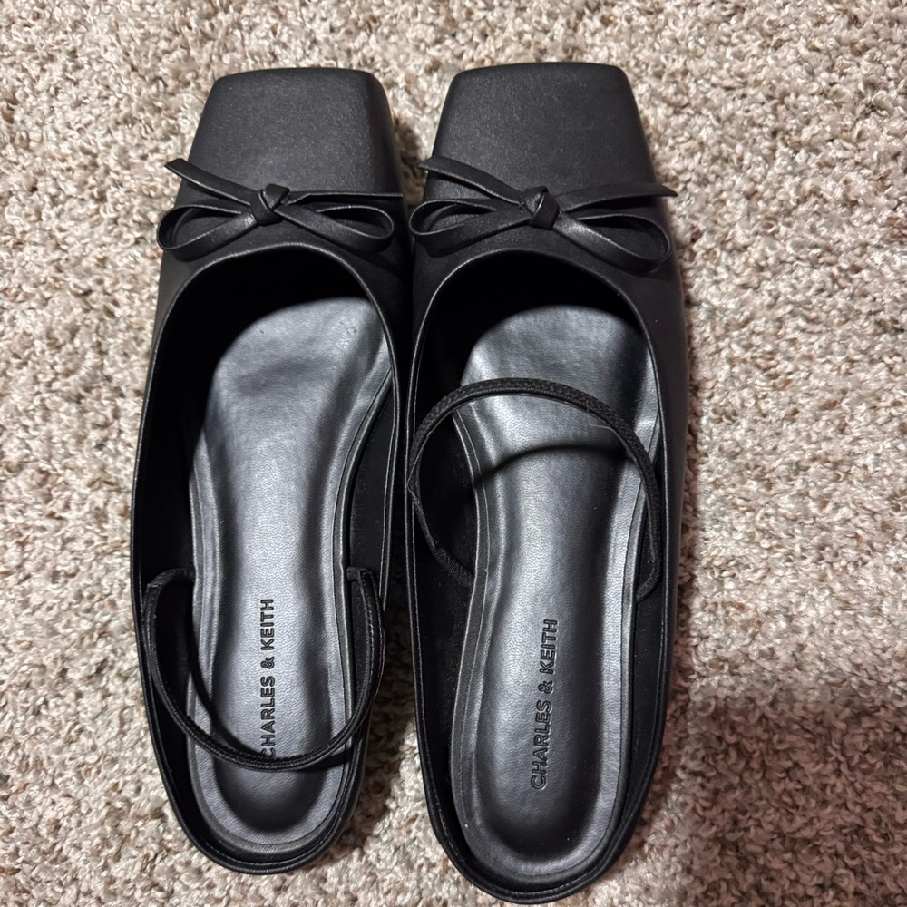 Charles & Keith Black Square-Toe Ballerina Flats with Bow